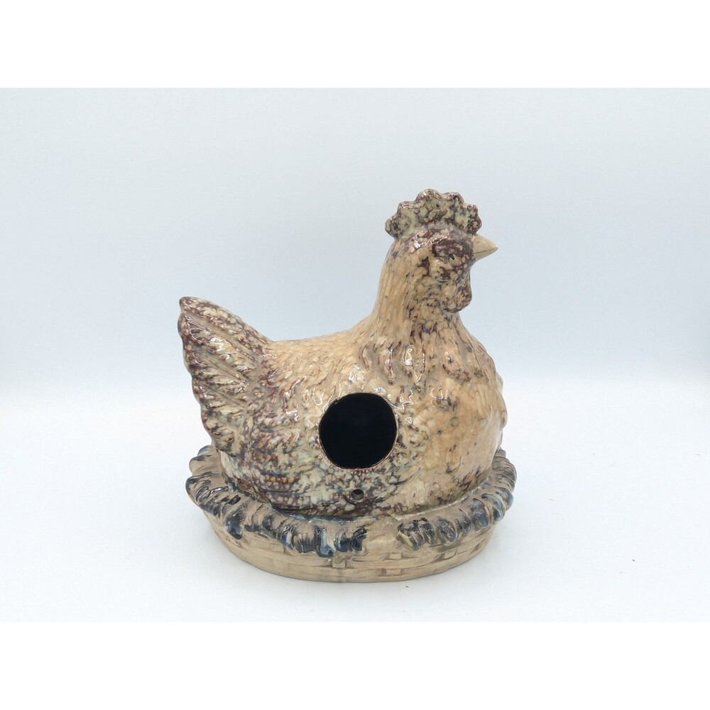 Vintage Stoneware Hen Hen on Nest Birdhouse Ceramic Speckled Glaze Cottagecore
